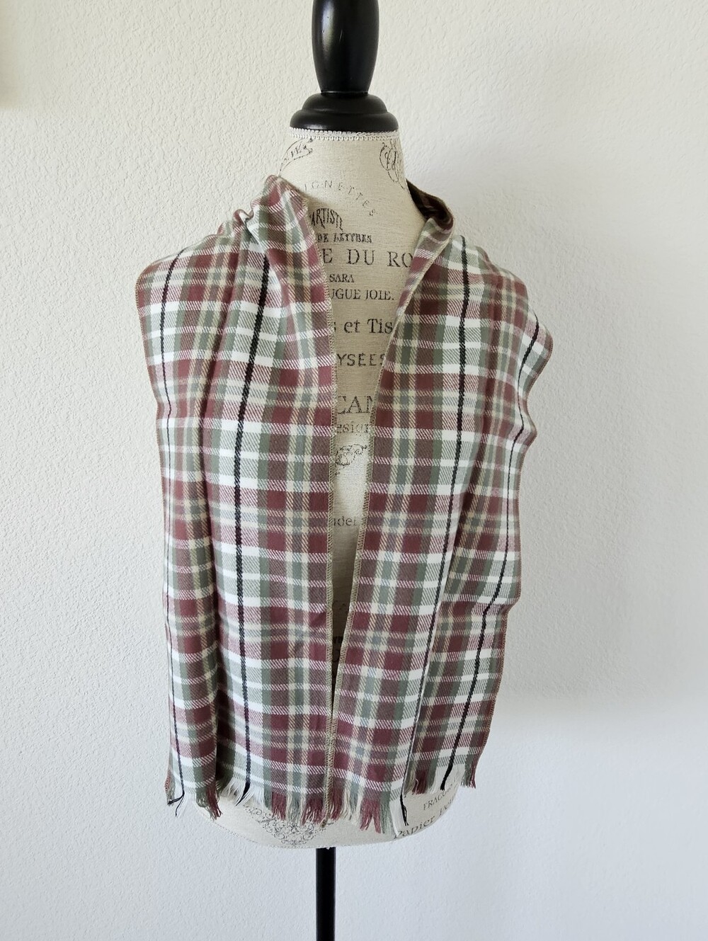 Vintage Earth Tone Plaid Acrylic Winter Scarf – Burgundy & Sage Green 56" Wrap